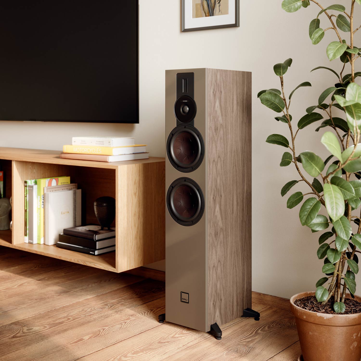 DALI Sonik 7 passive floorstanding speakers with sleek black cabinets and multiple speaker drivers for high-quality sound.