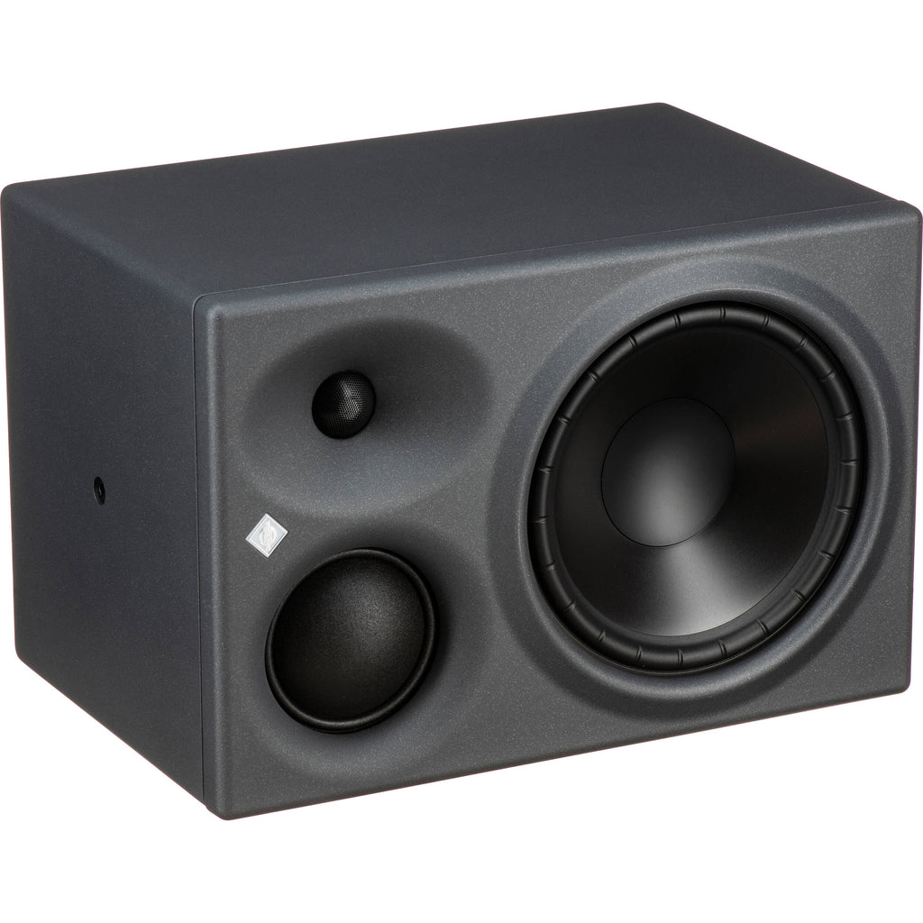 Neumann KH 310 A L G mid-field monitor speaker showing its front grille and controls, designed for professional audio monitoring.