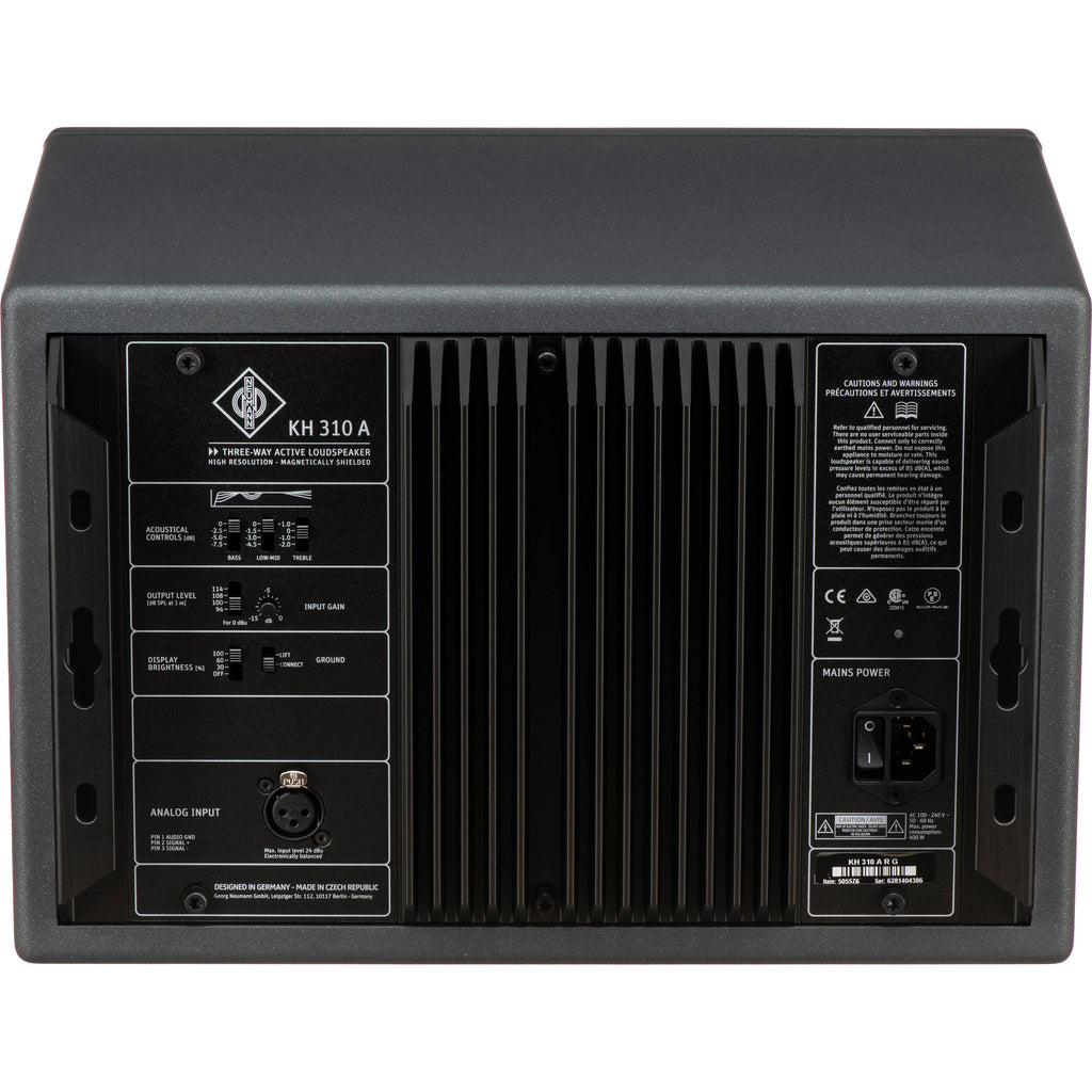Neumann KH 310 A R G mid-field monitor speaker showing a sleek black front with control panel and branding.