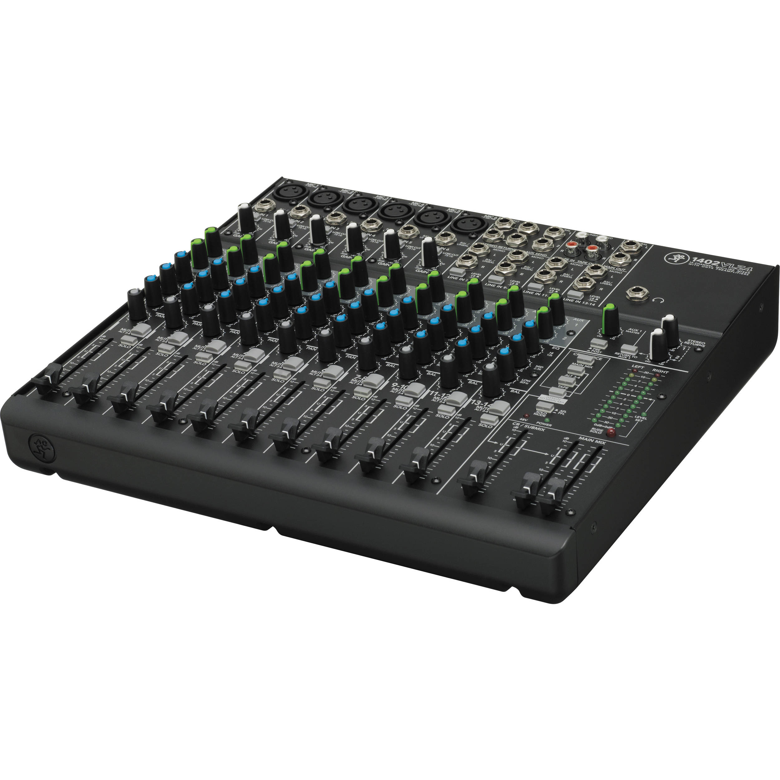 Mackie 1402VLZ4 analog mixer with multiple input channels, knobs, and faders, used for audio mixing and sound control.