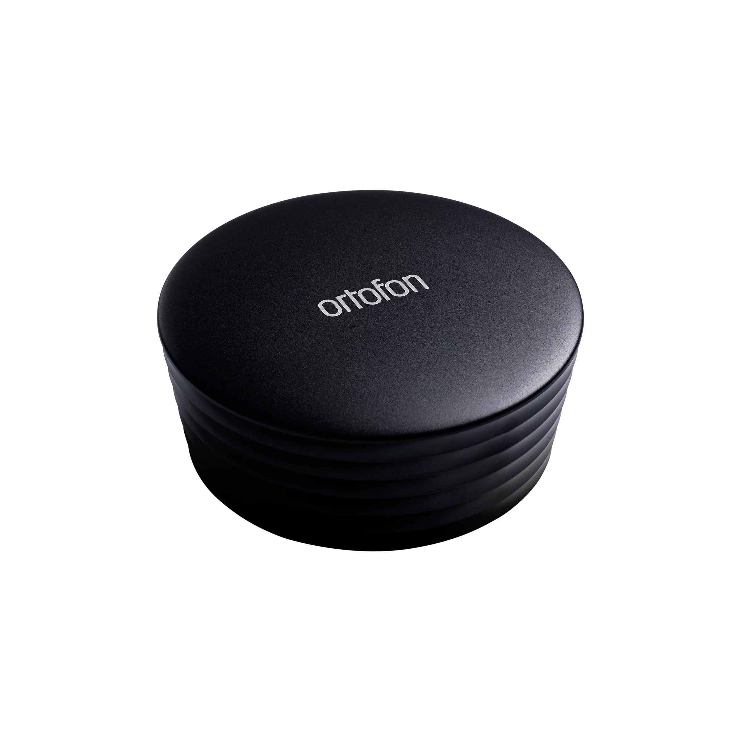 Ortofon black record stabilizer weight, 350g, designed to improve turntable vinyl playback stability and reduce vibrations.