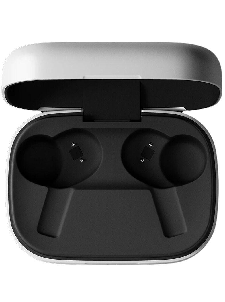 Wireless In-Ear Headphones from Bang & Olufsen Beoplay Eleven with sleek black design and compact charging case.