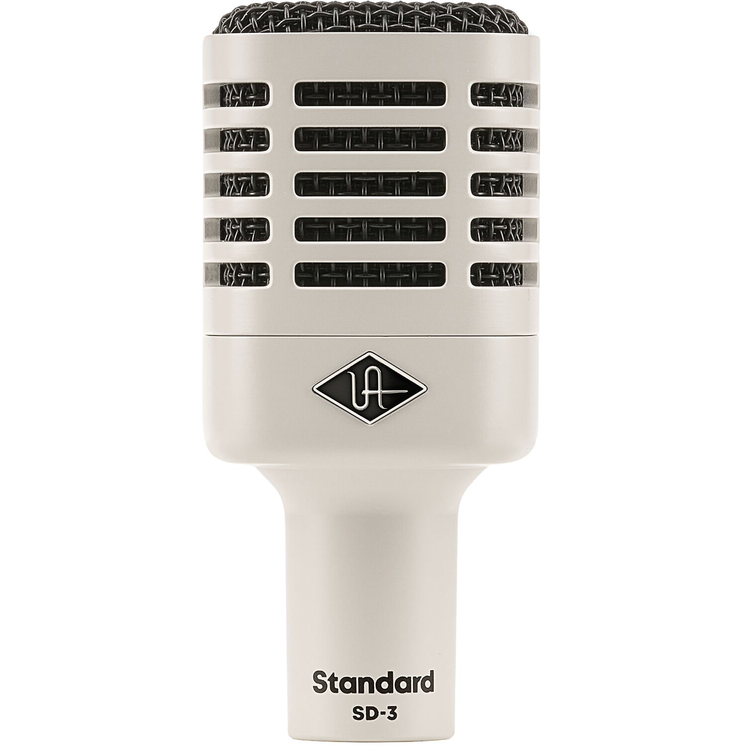 Universal Audio SD-3 dynamic microphone shown with its sleek black design and sturdy grille, ideal for professional audio recording.