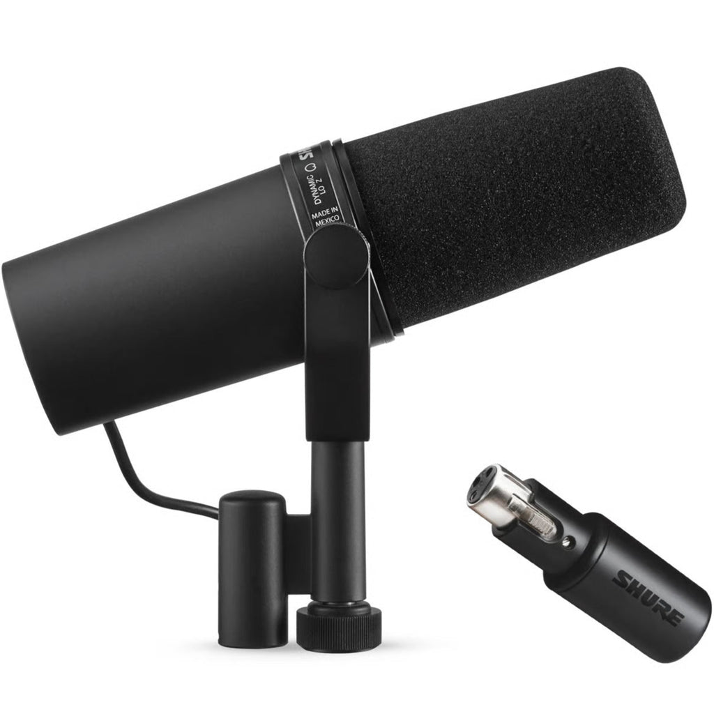 Shure SM7B dynamic microphone with MVX2U XLR-to-USB adapter connected, suitable for professional audio recording and broadcasting.