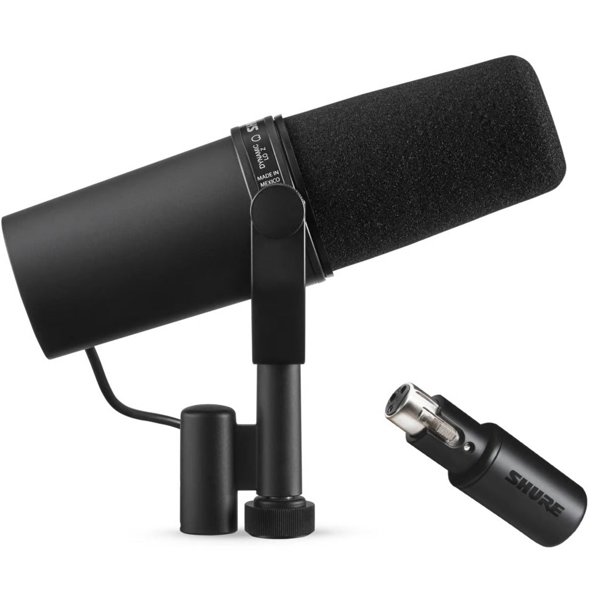Shure SM7B dynamic microphone with MVX2U XLR-to-USB adapter connected, suitable for professional audio recording and broadcasting.