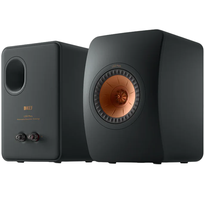 KEF LS50 Meta passive bookshelf speakers showing black cabinets and sleek front grilles for high-quality sound.