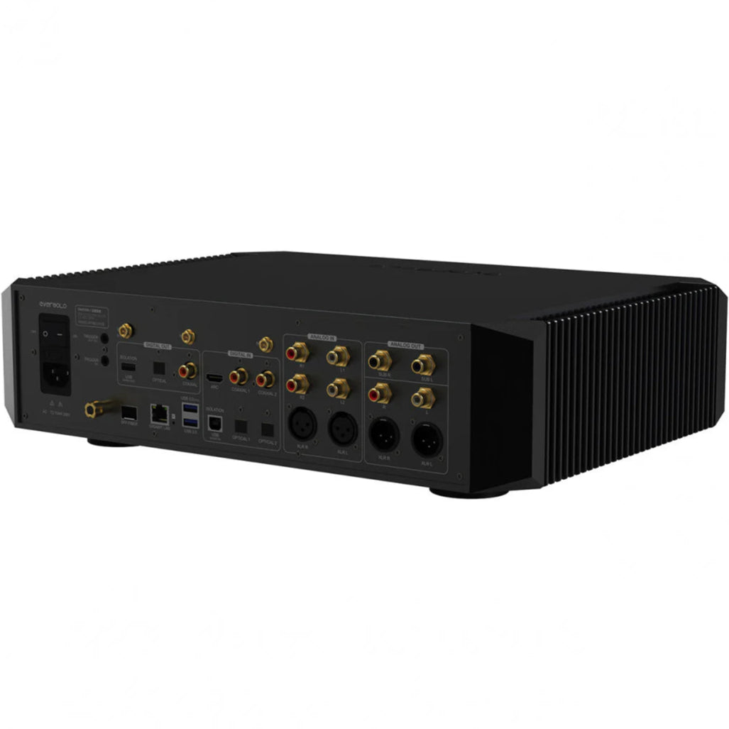 Eversolo EverSolo DMP-A10 music streamer shown from rear angle, featuring various audio output ports on a sleek black device.