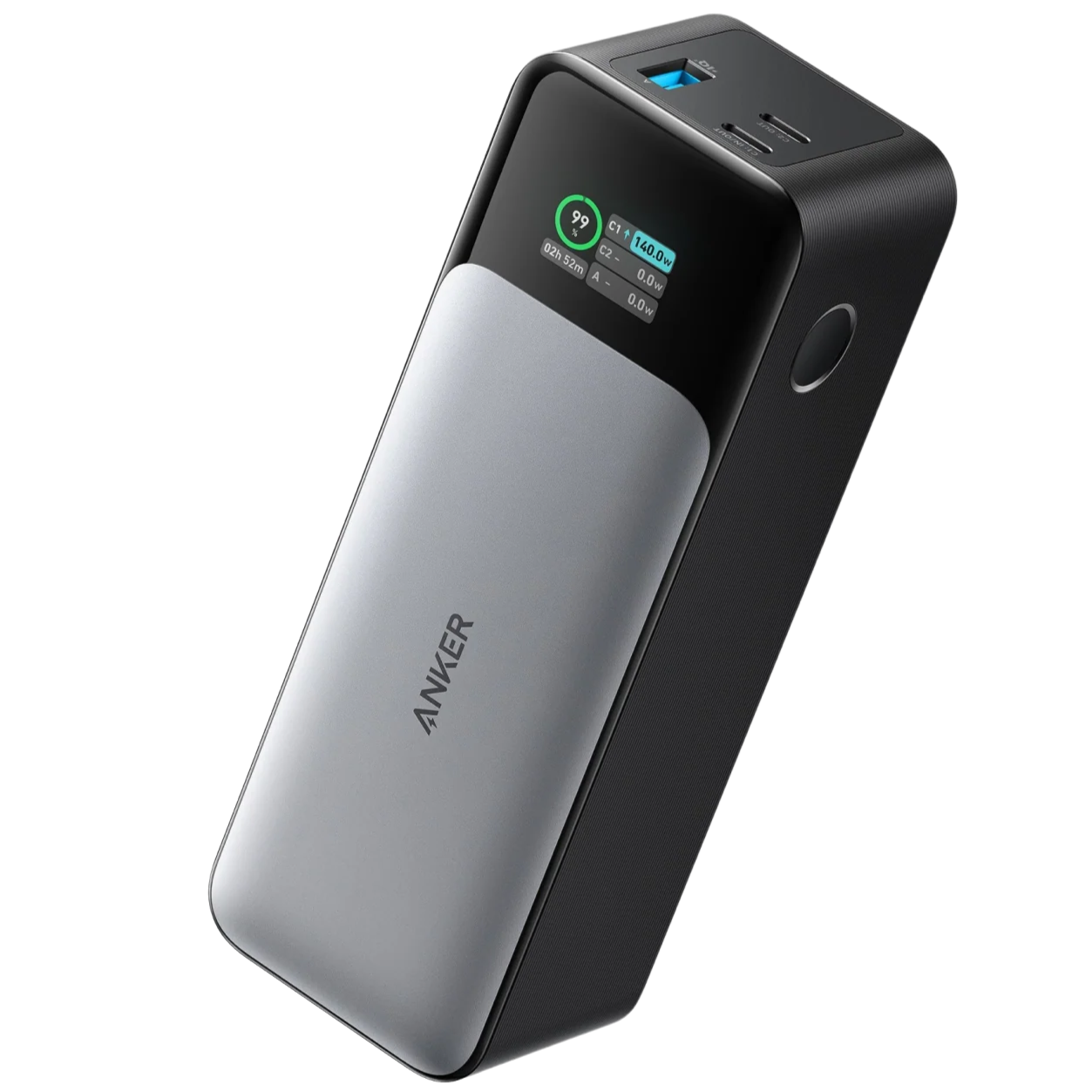 Anker 737 Power Bank PowerCore 24K portable charger with digital display and multiple USB ports for fast device charging.