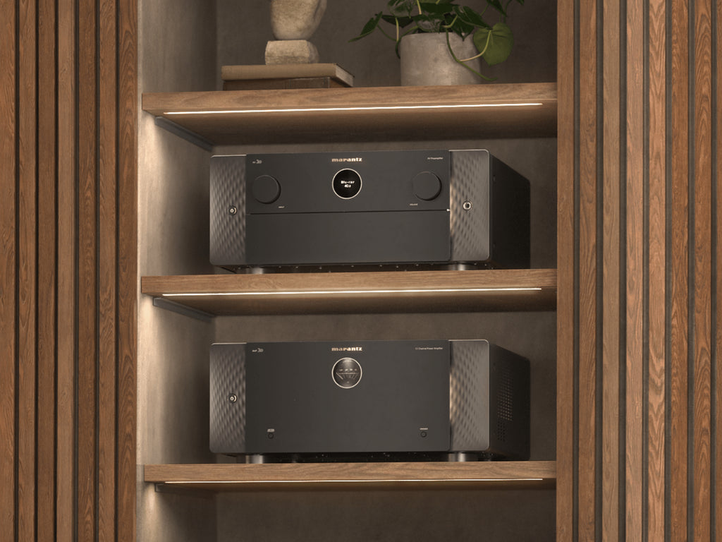 Marantz AMP 20 stereo amplifier with sleek design and control knobs, showcasing the high-quality audio equipment of the Marantz brand.