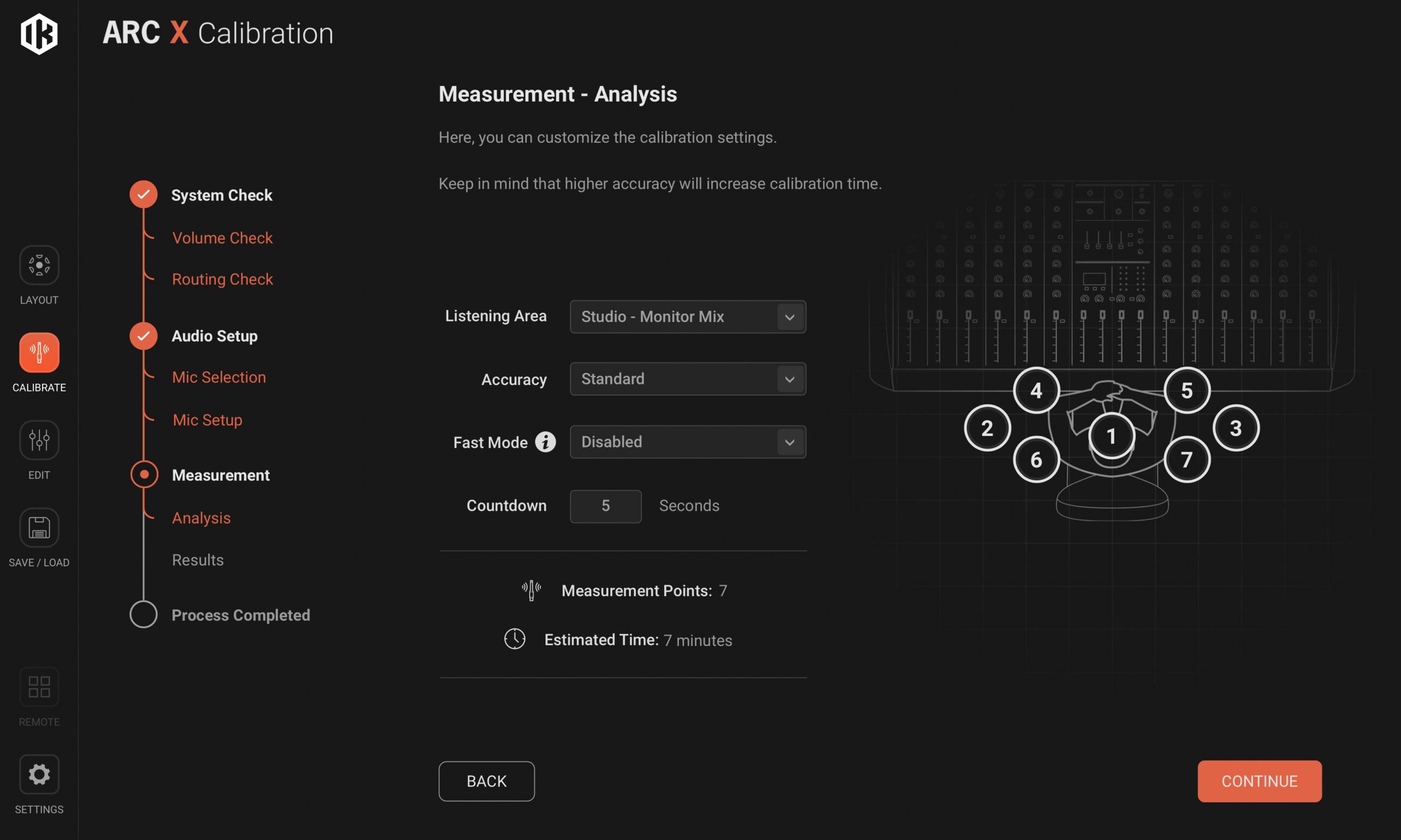 IK Multimedia ARC X virtual plugin processor calibration interface showing signal calibration and adjustment controls.