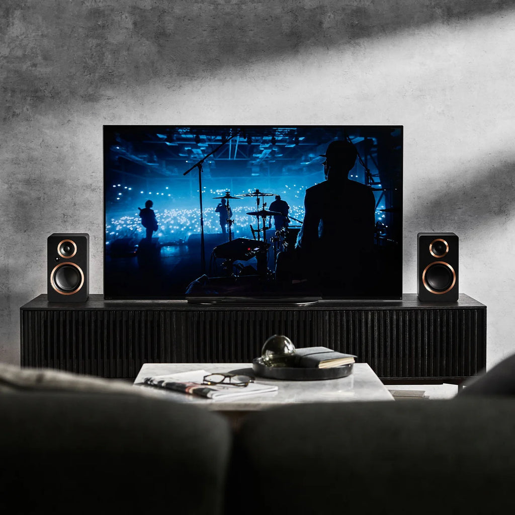 Argon Audio Fenris A4 active bookshelf speakers in black with front-facing drivers and sleek design.