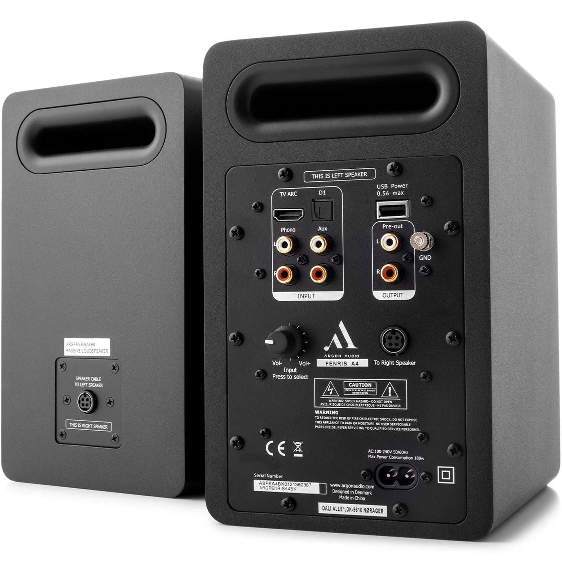 Argon Audio Fenris A4 active bookshelf speakers with black finish, featuring sleek design and multiple input options.
