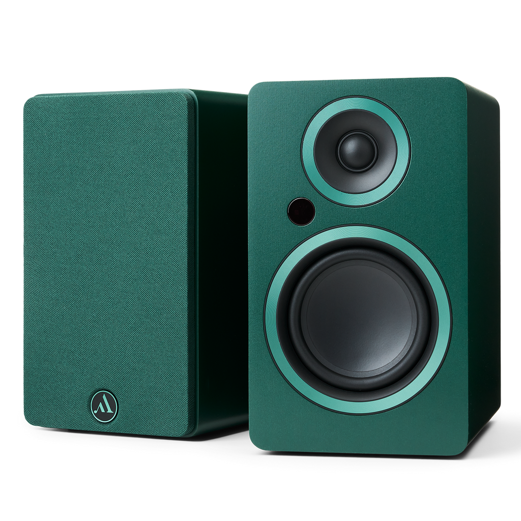 Argon Audio Fenris A4 active bookshelf speakers in Pine Green finish, front view with drivers.
