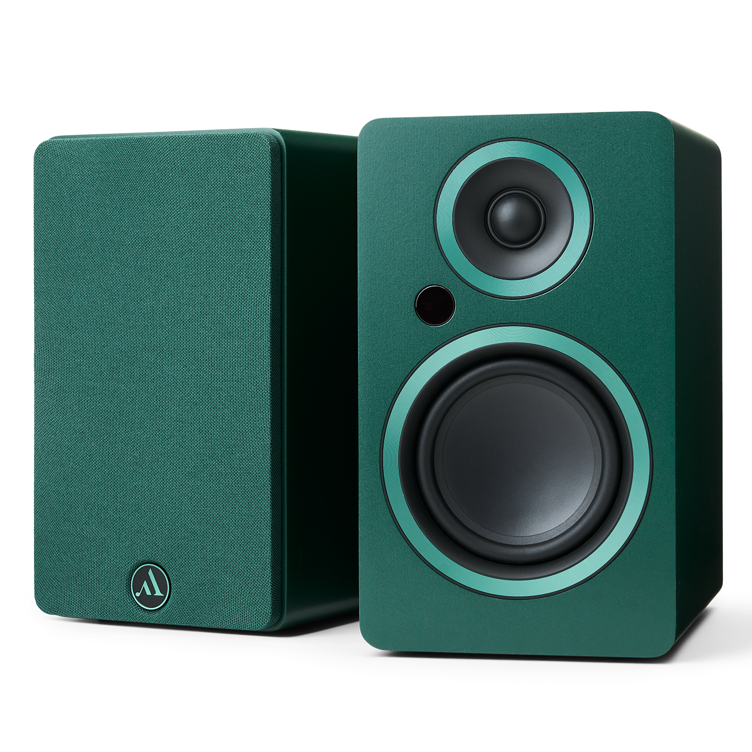 Argon Audio Fenris A4 active bookshelf speakers in Pine Green finish, front view with drivers.