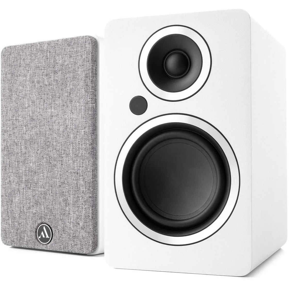 Argon Audio Fenris A4 active bookshelf speakers in white with black speaker cones and control knobs on the front panel.