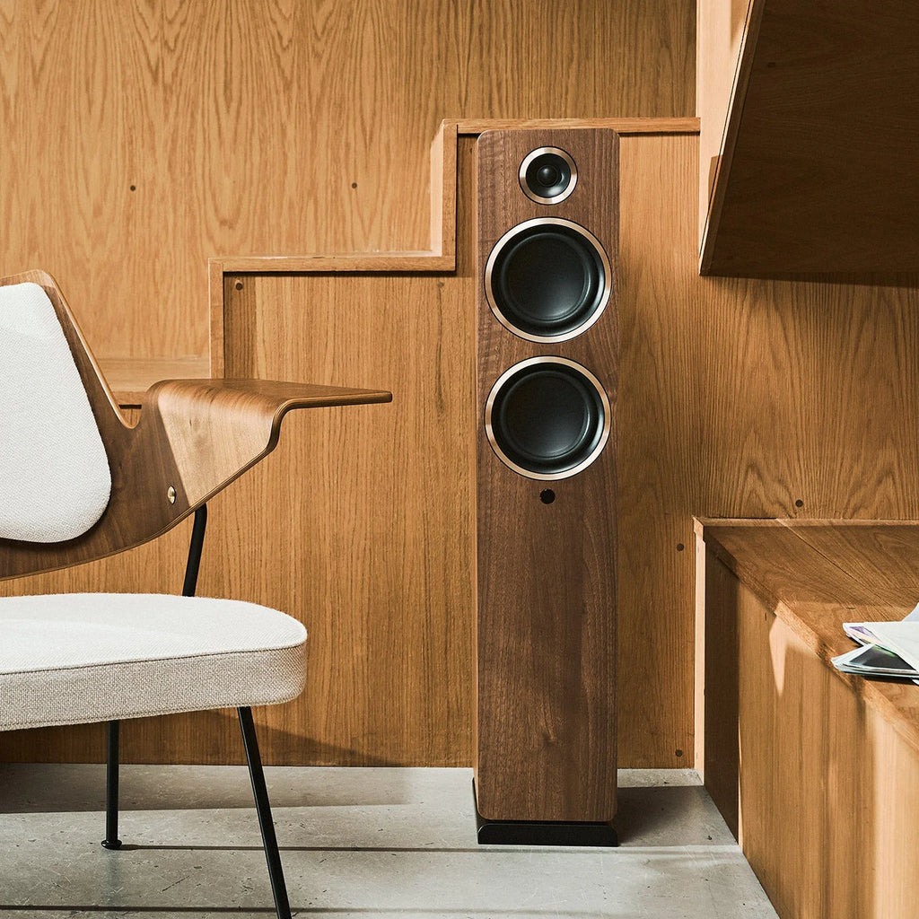 Argon Audio Fenris A55 floorstanding speakers with sleek black wood finish and modern design for high-quality sound.