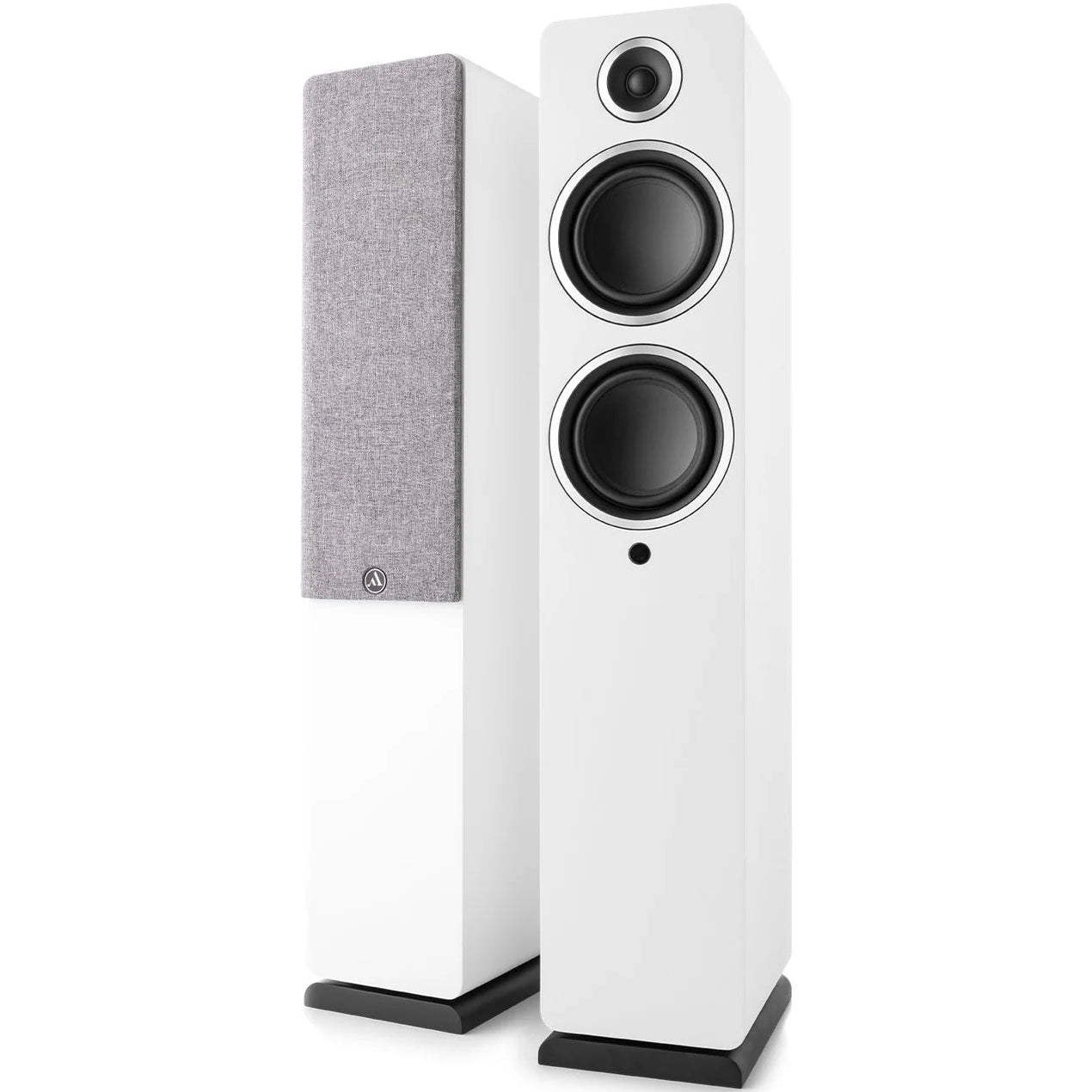 Argon Audio Fenris A55 floorstanding speakers with white finish, showcasing sleek design and multiple driver speakers.