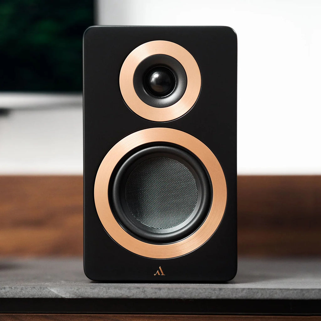 Argon Audio Forte A4 MK2 active bookshelf speakers with black finish, featuring front-facing drivers and sleek design.