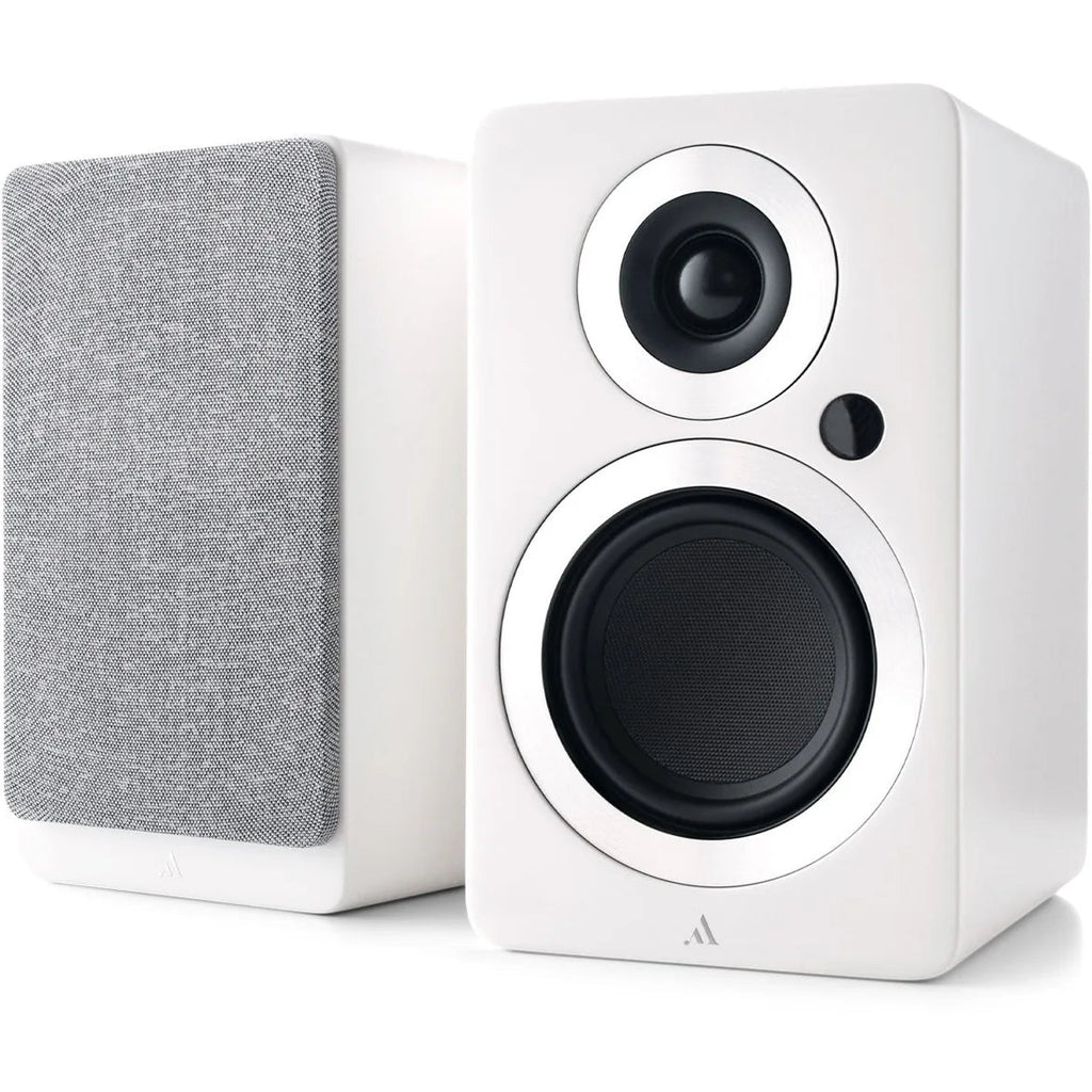 Argon Audio Forte A4 MK2 active bookshelf speakers with white finish, showing front view with drivers and sleek design.