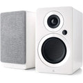 Argon Audio Forte A4 MK2 active bookshelf speakers with white finish, showing front view with drivers and sleek design.