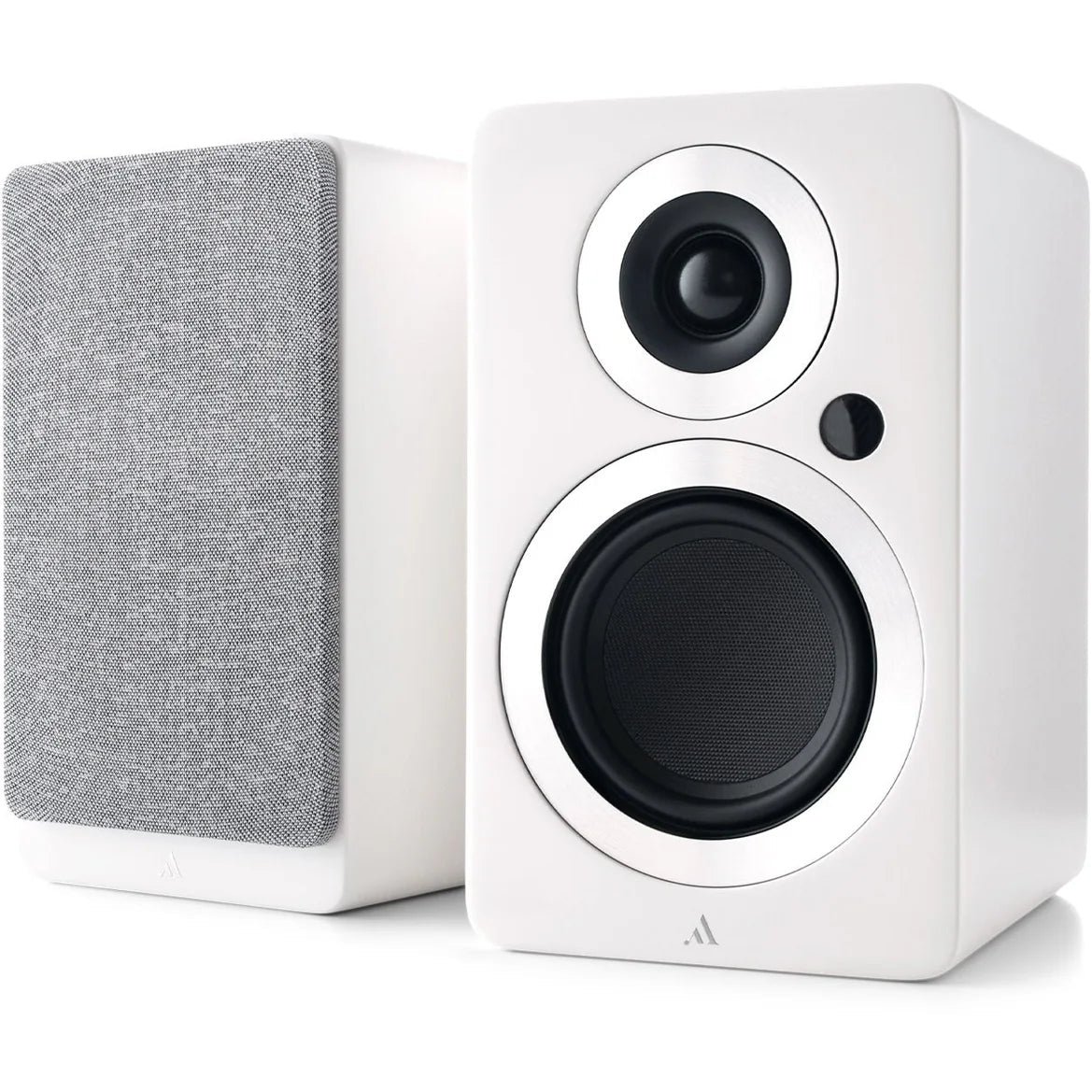 Argon Audio Forte A4 MK2 active bookshelf speakers with white finish, showing front view with drivers and sleek design.