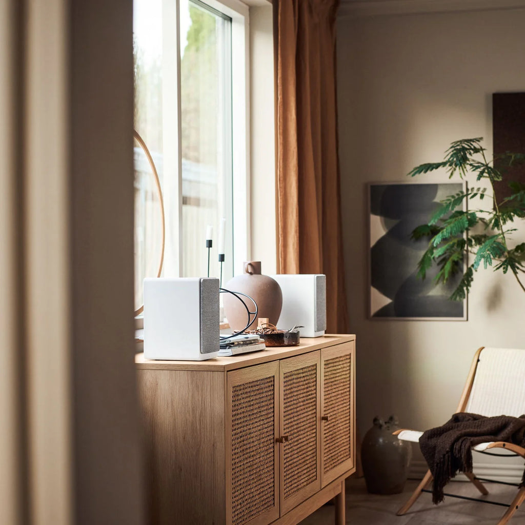Argon Audio Forte A4 MK2 active bookshelf speakers with white finish, showcasing sleek design and front-facing speaker drivers.
