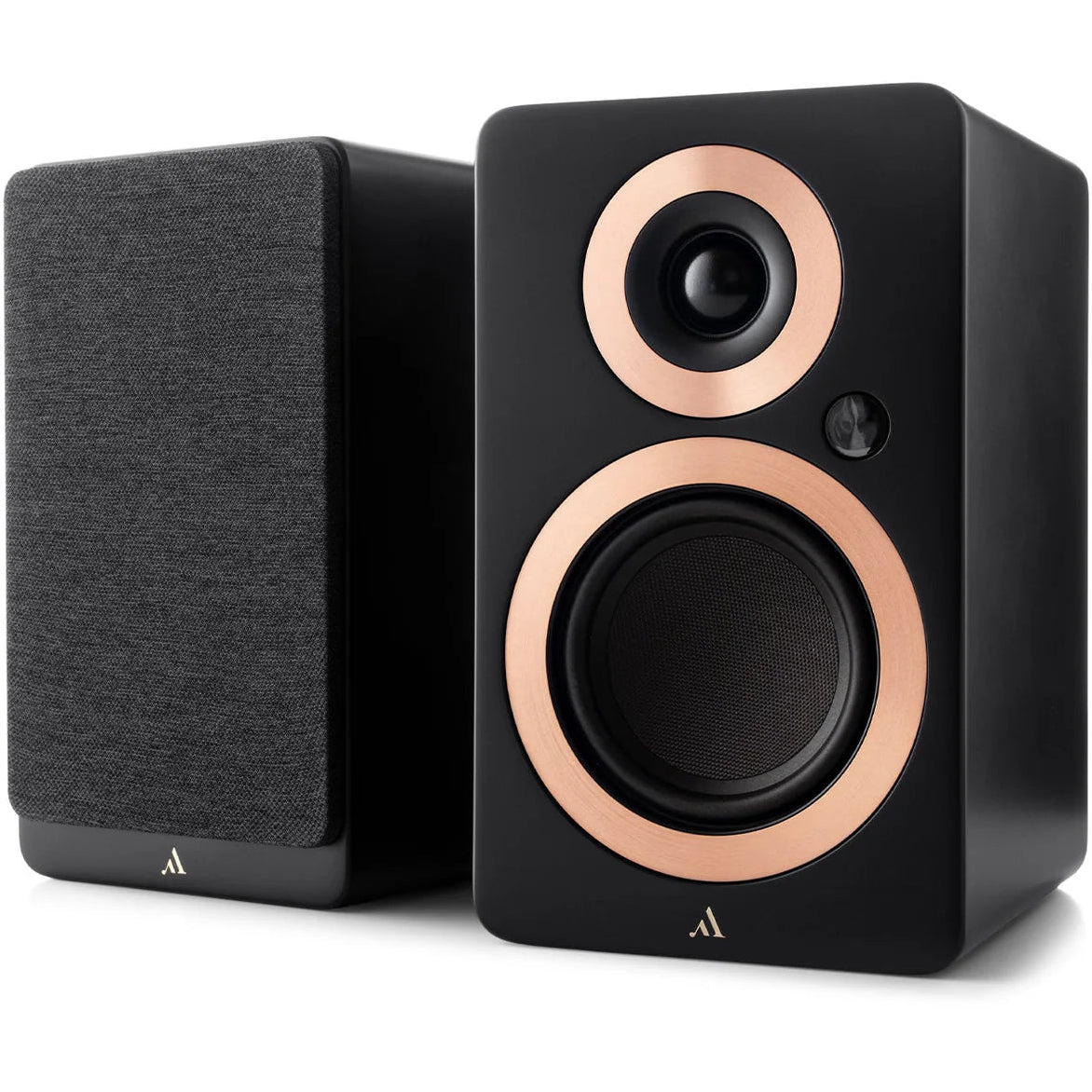 Argon Audio Forte A4 WiFi active bookshelf speakers in black, showing the front view with speaker grilles and control buttons.