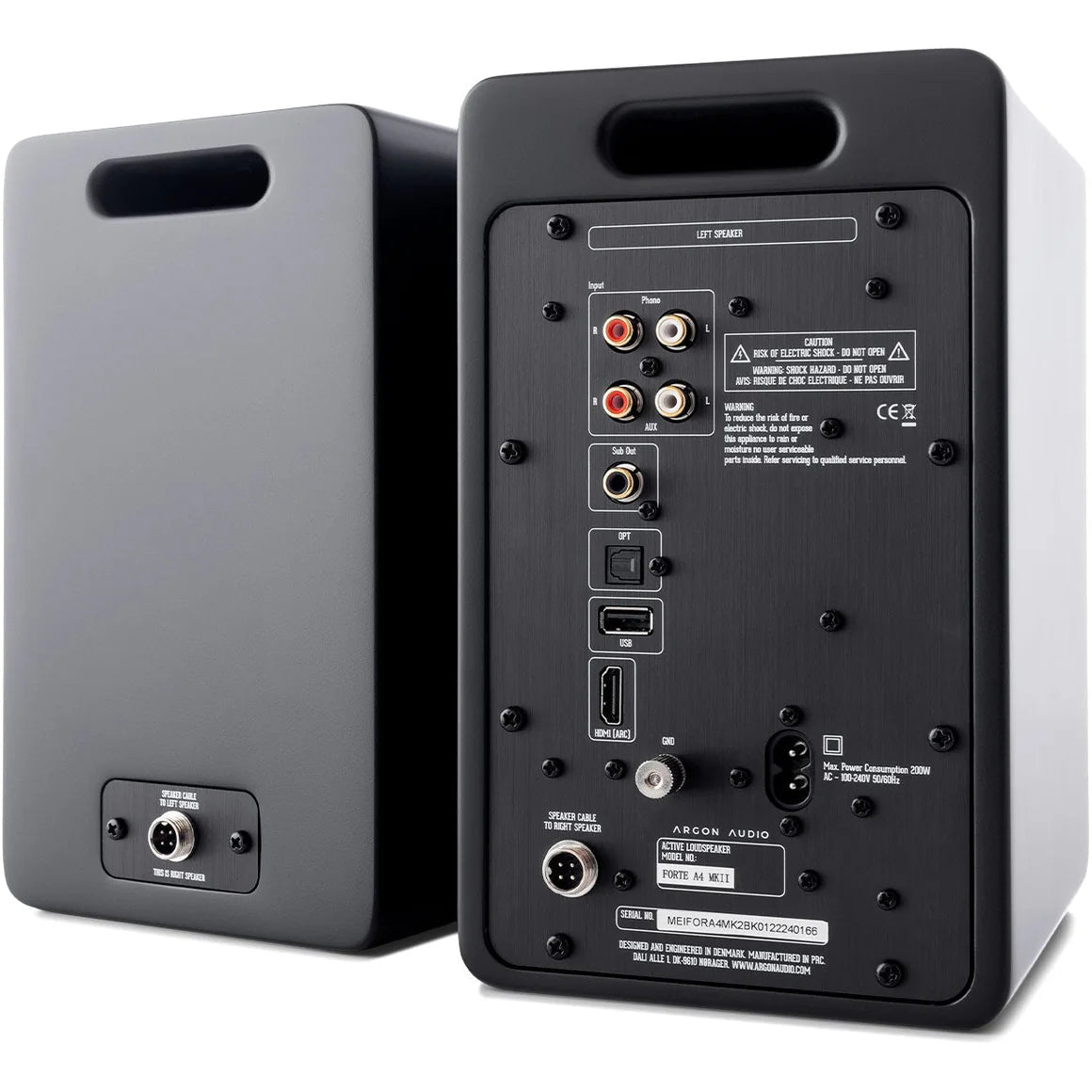 Argon Audio Forte A4 WiFi active bookshelf speakers with black finish, showing front view with speaker grille and control panel.