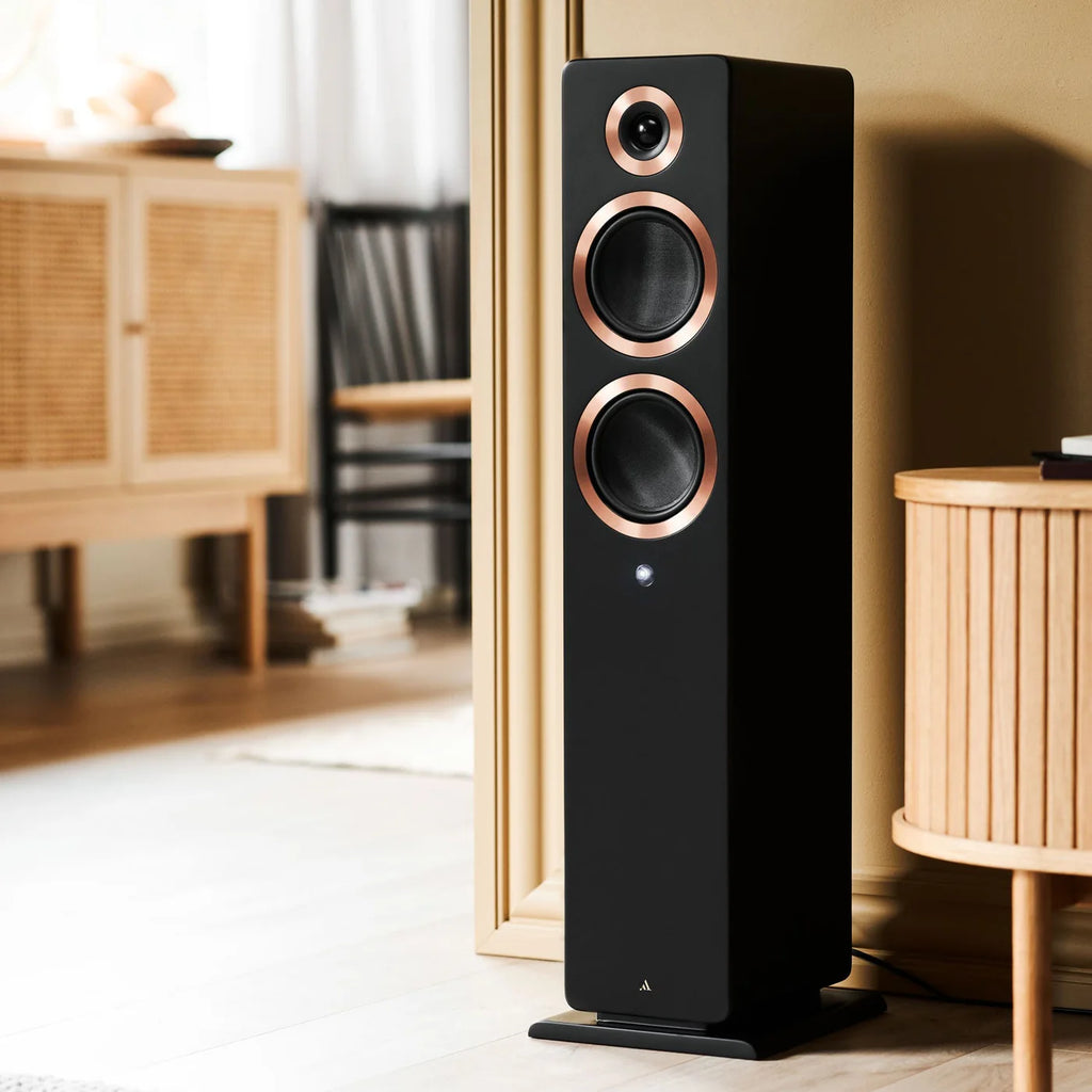 Argon Audio Forte A55 WiFi floorstanding speakers in black, showing tall speaker cabinets with sleek design and driver components