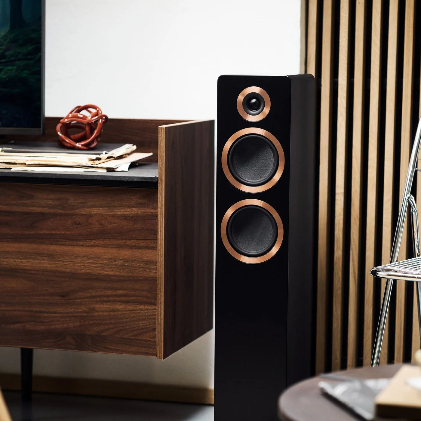 Black Argon Audio Forte A55 WiFi floorstanding speakers with sleek design and multiple drivers for high-quality sound.