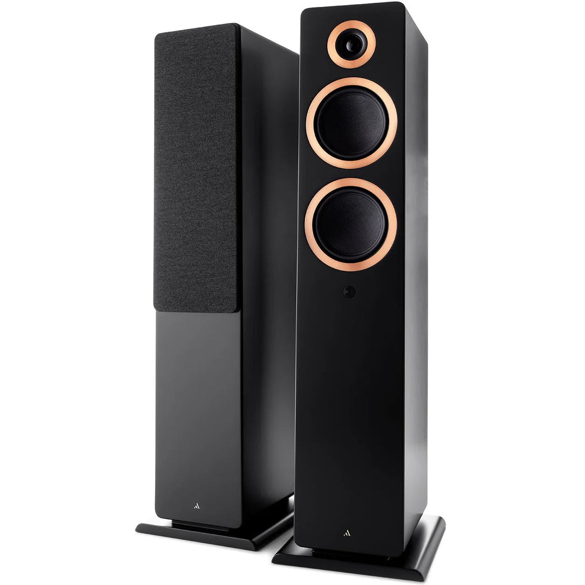 Argon Audio Forte A55 MK2 floorstanding speakers in black with sleek design and multiple speaker drivers for high-quality sound.