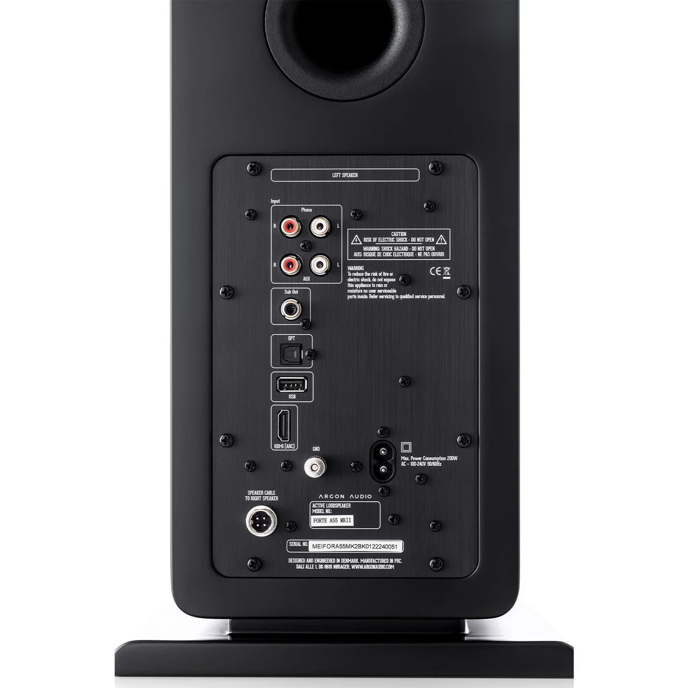 Argon Audio Forte A55 MK2 floorstanding speakers in black with sleek design and speaker grille covering, showcasing high-quality audio equipment.