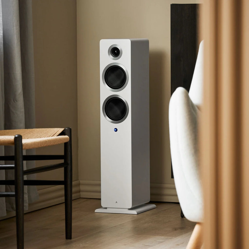 Argon Audio Forte A55 WiFi floorstanding speakers with white finish, tall speaker cabinets, and sleek modern design.