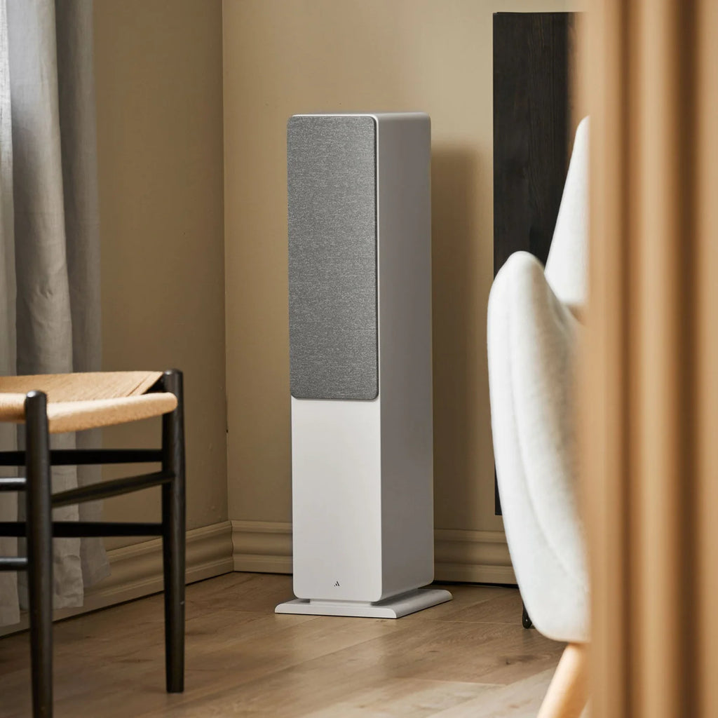 Argon Audio Forte A55 WiFi floorstanding speakers with sleek white finish and modern design, showcasing the front view.