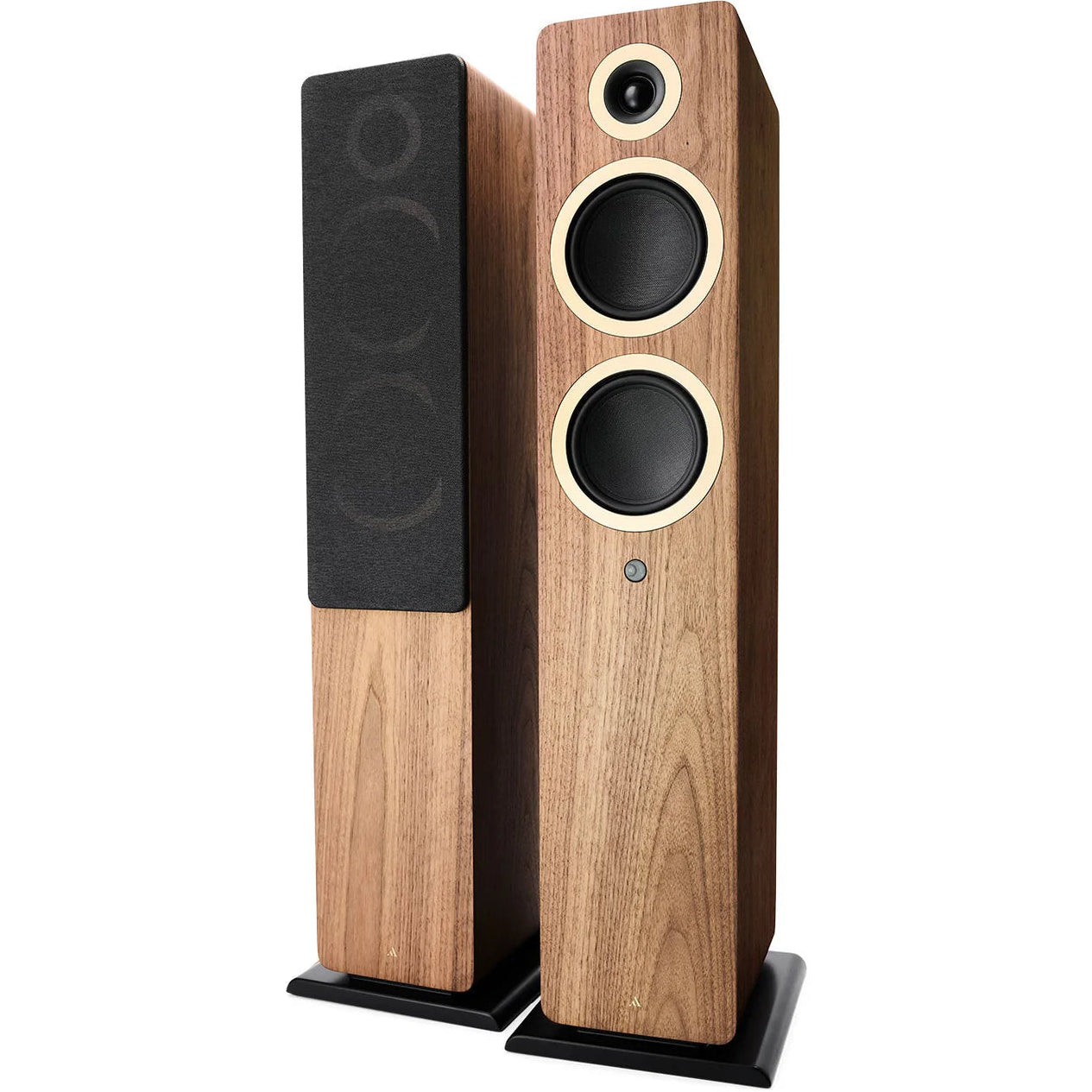 Argon Audio Forte A55 WiFi floorstanding speakers with black finish and wood grain accents, showcasing sleek, modern design.