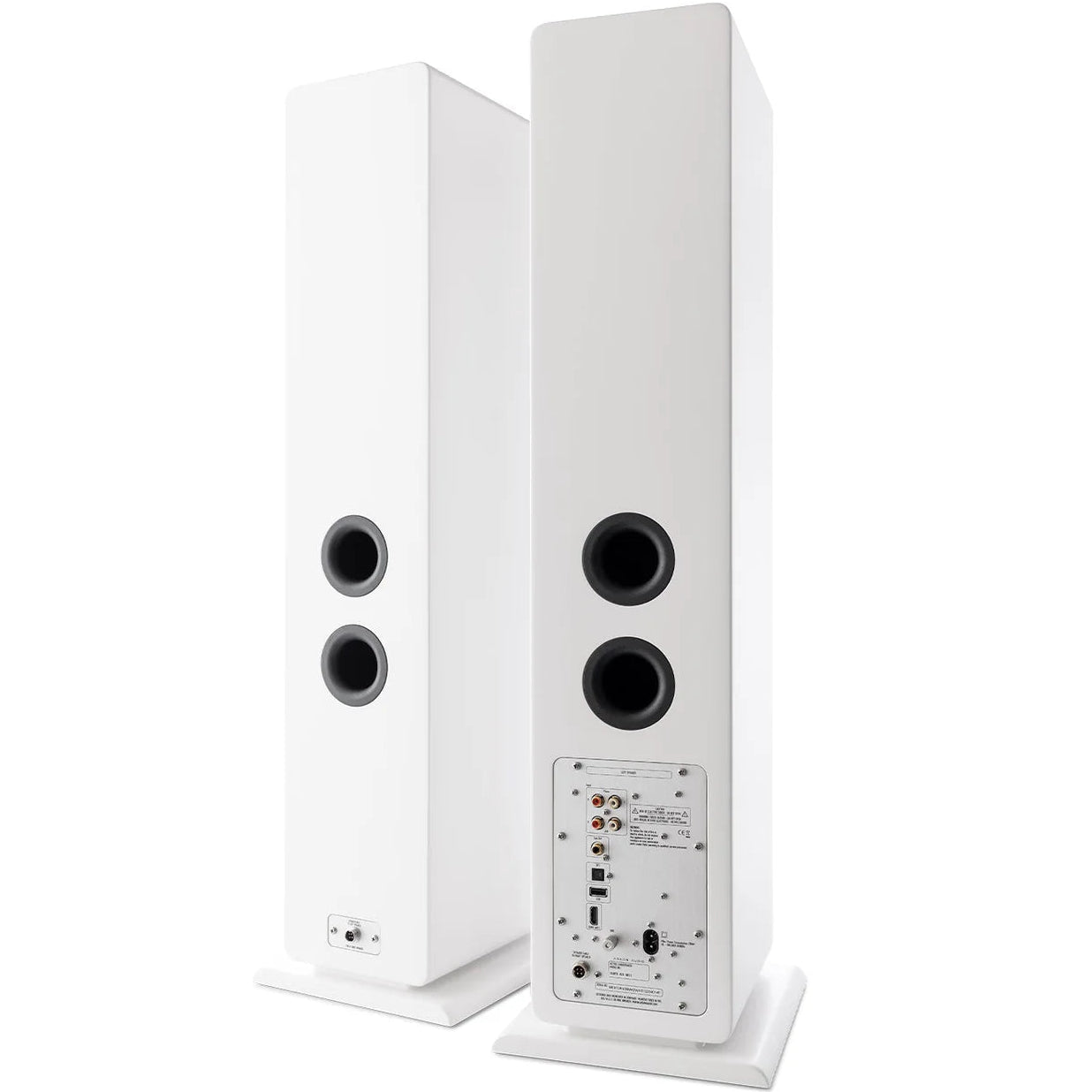 Argon Audio Forte A55 WiFi floorstanding speakers with white finish, showcasing sleek tall speaker design and modern audio equipment.