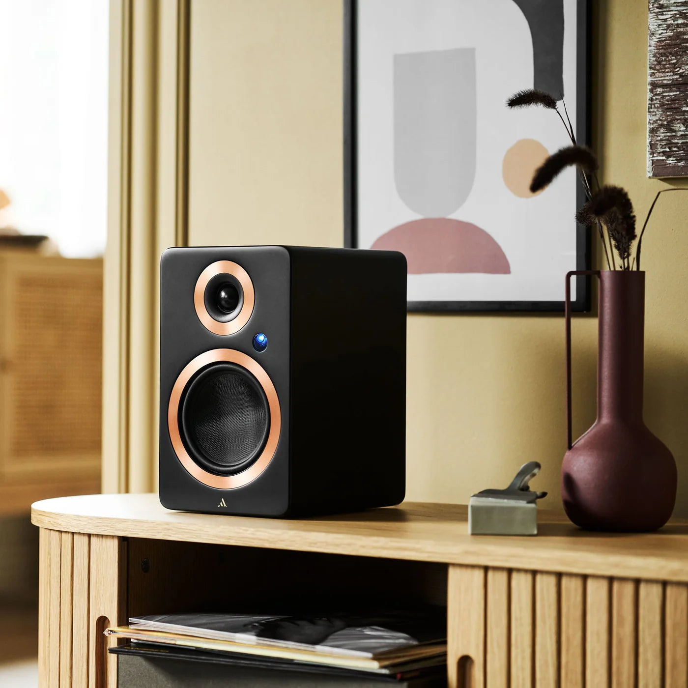 Argon Audio Forte A5 MK2 active bookshelf speakers with black finish, showcasing their sleek design and front speaker grilles.