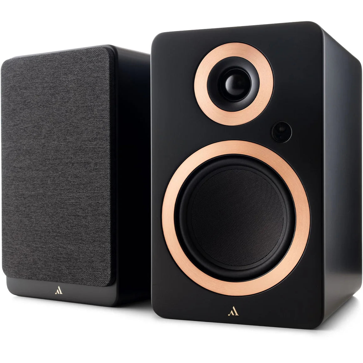 Argon Audio Forte A5 MK2 active bookshelf speakers with black finish and modern design.