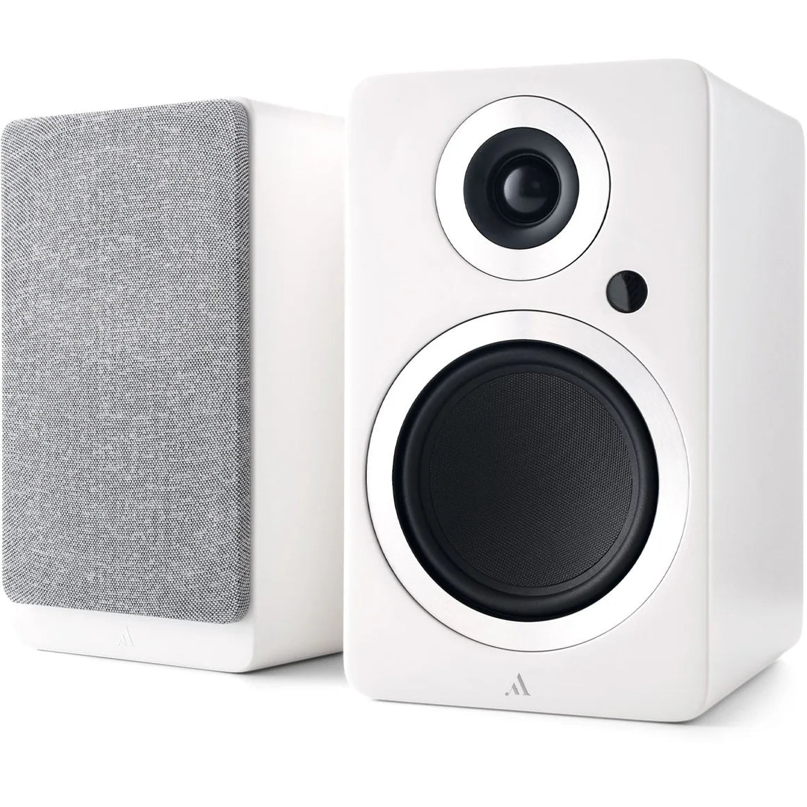 Argon Audio Forte A5 MK2 active bookshelf speakers in white with sleek design and front-facing drivers.