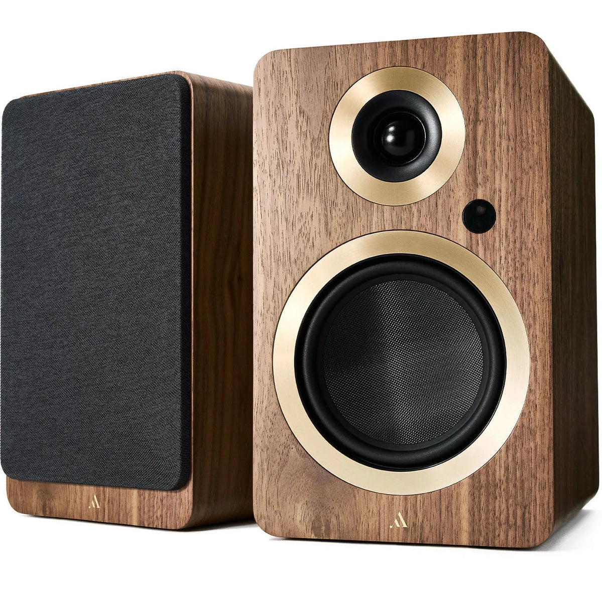 Argon Audio Forte A5 WiFi active bookshelf speakers shown in black with wood finish accents and sleek modern design.