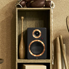 Argon Audio Forte A4 WiFi active bookshelf speakers with black finish, showing front view with speaker grille and control panel.