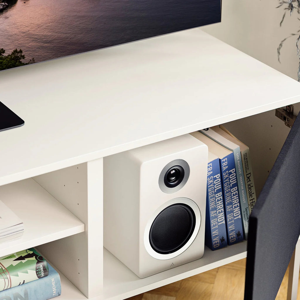 Argon Audio Forte A4 WiFi active bookshelf speakers in white with sleek design and front-facing controls.