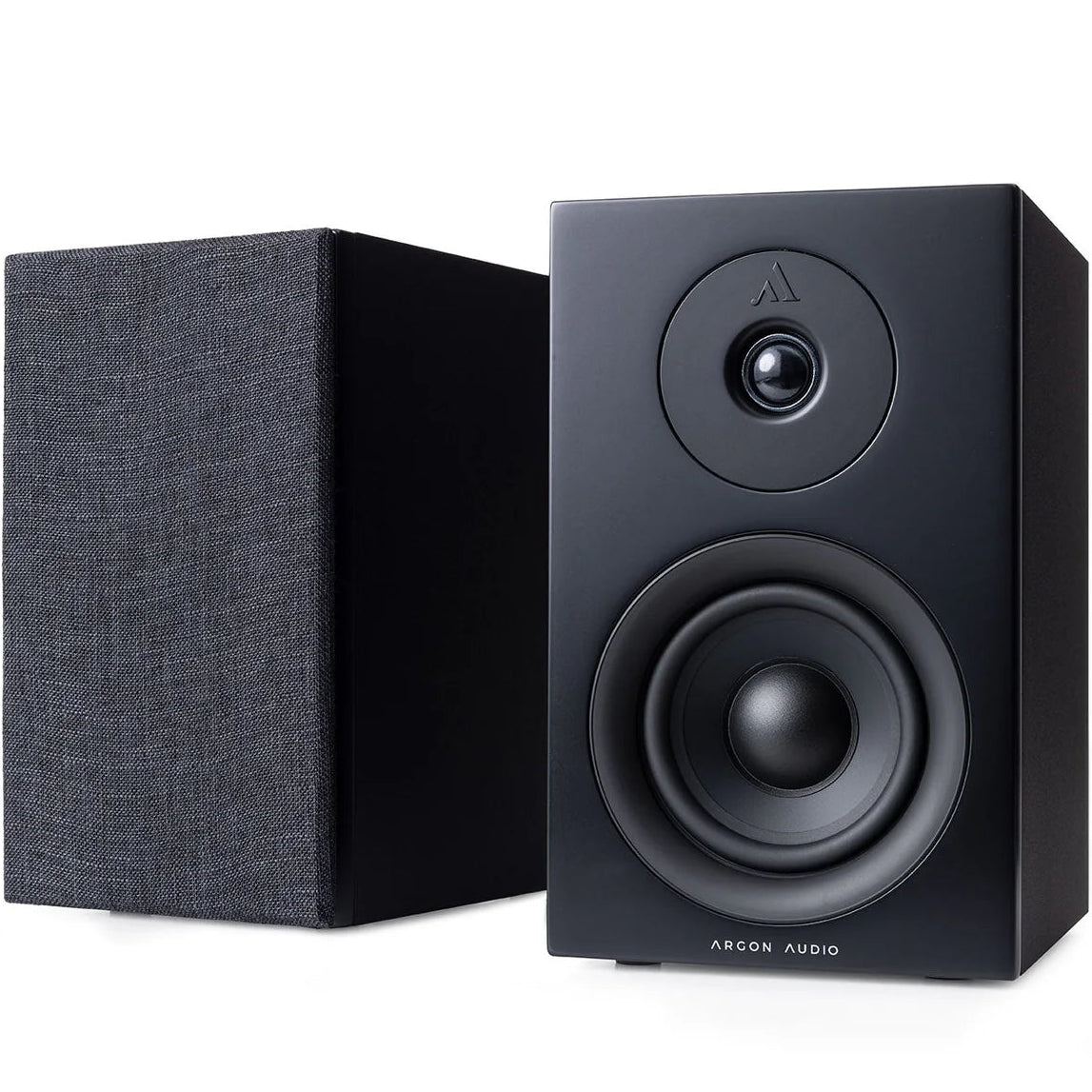 Argon Audio Forus 4 passive bookshelf speakers with black finish, showcasing sleek design and compact size.