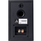 Argon Audio Forus 4 passive bookshelf speakers with black wood finish and sleek design, featuring front-facing drivers and grille.