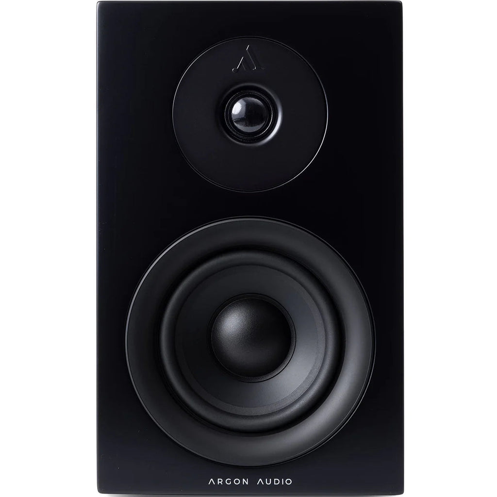 Argon Audio Forus 4 passive bookshelf speakers with black wood finish and compact design, ideal for home audio setups.