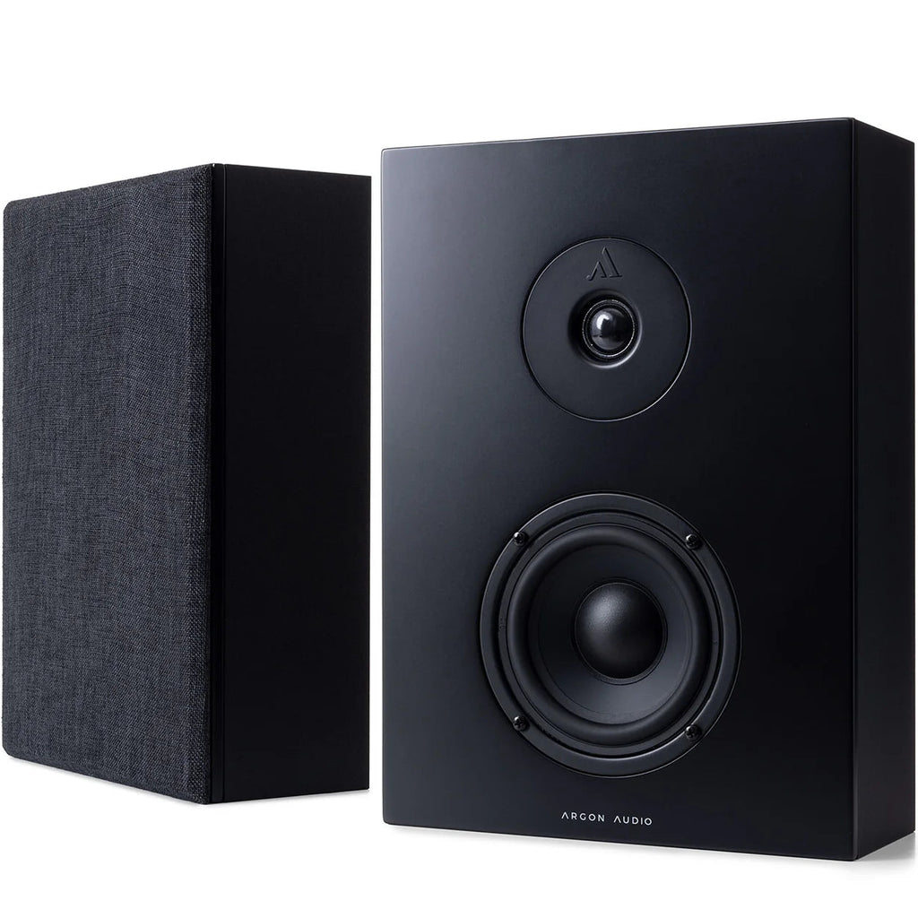 Argon Audio Forus 4 In-Wall and Outdoor Speakers in black, mounted on a wall, showcasing sleek design and outdoor durability.