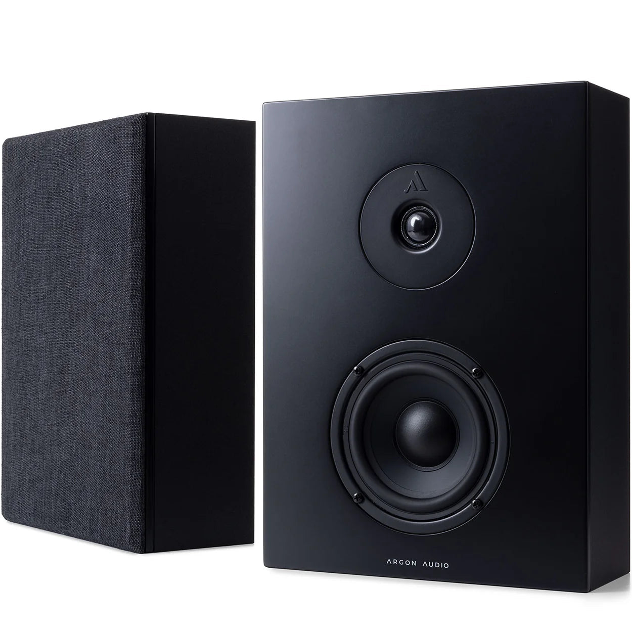 Argon Audio Forus 4 In-Wall and Outdoor Speakers in black, mounted on a wall, showcasing sleek design and outdoor durability.