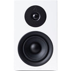 Argon Audio Forus 4 passive bookshelf speakers with white finish, showing front view with speaker grille and wood cabinet.