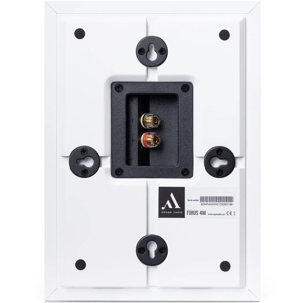 Argon Audio Forus 4 Wall in-wall and outdoor speakers mounted on a wall with a sleek black design.