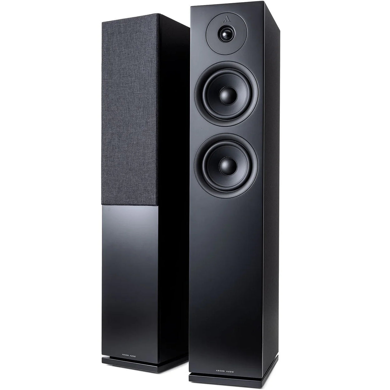 Argon Audio Forus 55 passive floorstanding speakers in black with a sleek design and multiple speaker drivers.